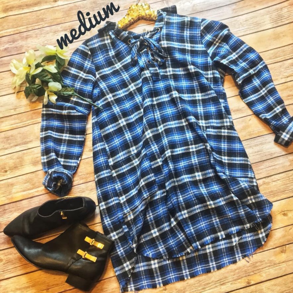 Blue plaid long shirt dress